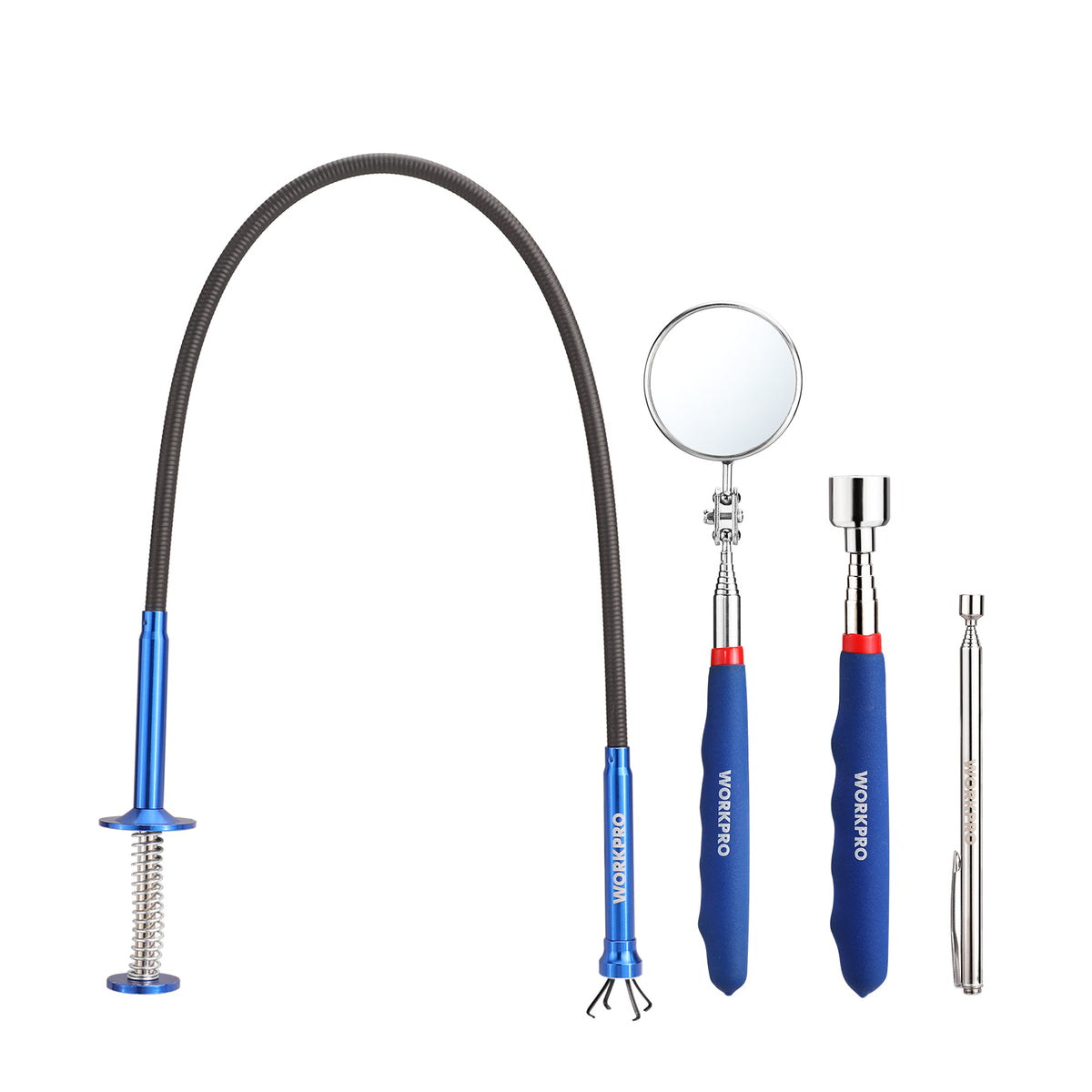 WORKPRO 4PC telescoping magnetic pick up tool kit in blue with innovation quality secure durable convenience