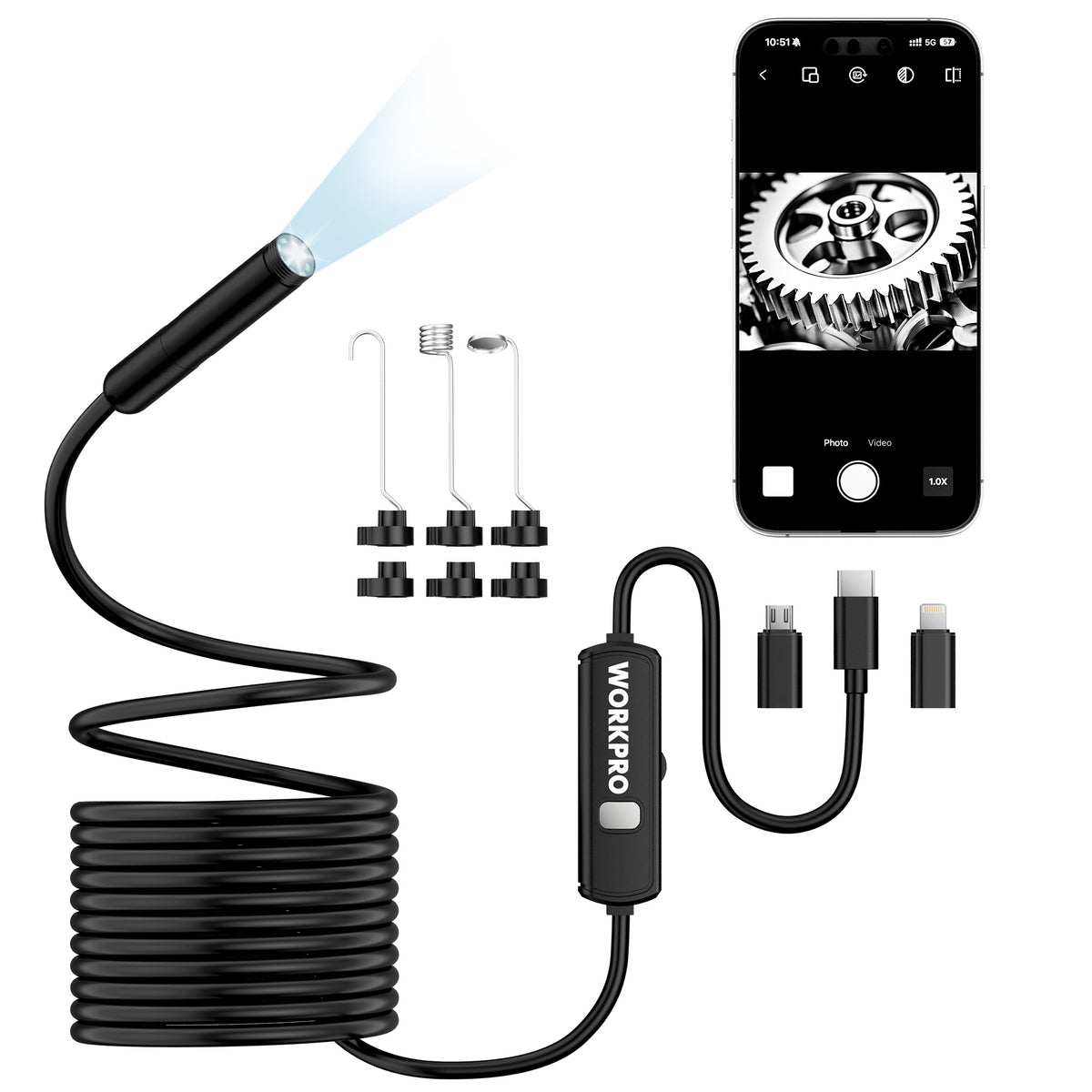 Workpro industrial endoscope camera in black with visible hook, magnet, and mirror accessories for inspecting engine