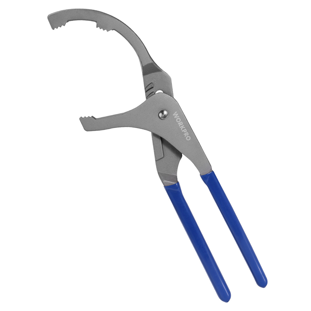 Workpro oil filter wrench with blue handles and serrated jaws for secure vehicle filter handling.