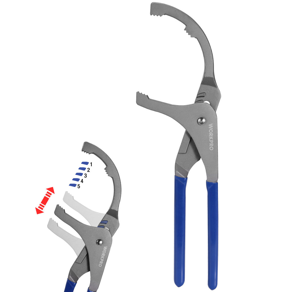 Workpro 12 inch oil filter wrench in blue and gray with serrated gripping jaws for filter removal