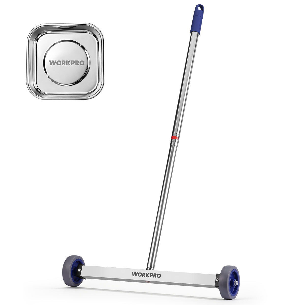 Workpro magnetic pickup tool with a silver frame, blue wheels, and rolling pickup bar for collecting metal debris.