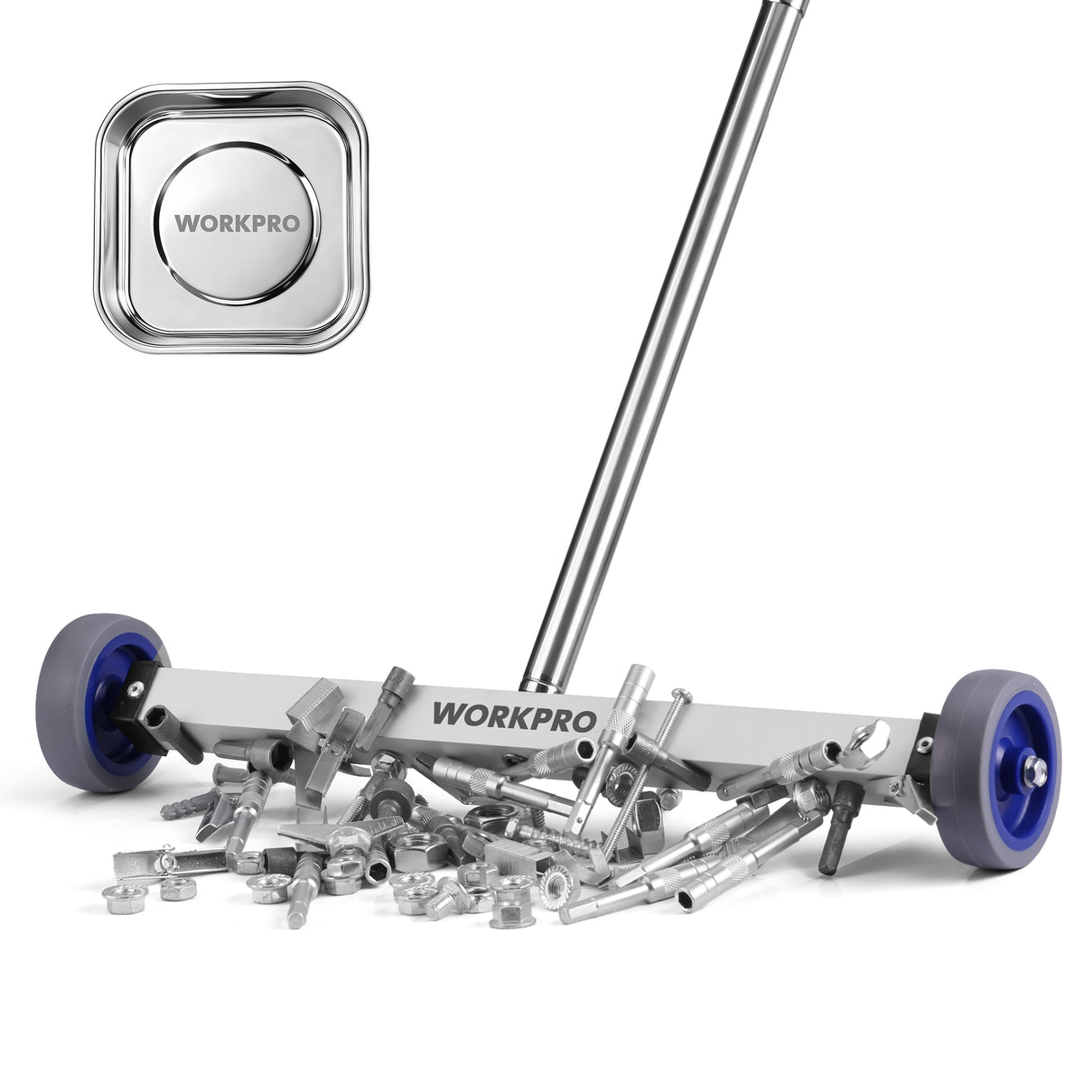 Workpro magnetic pickup tool in silver with blue wheels for yard, garage, and workshop cleanup.