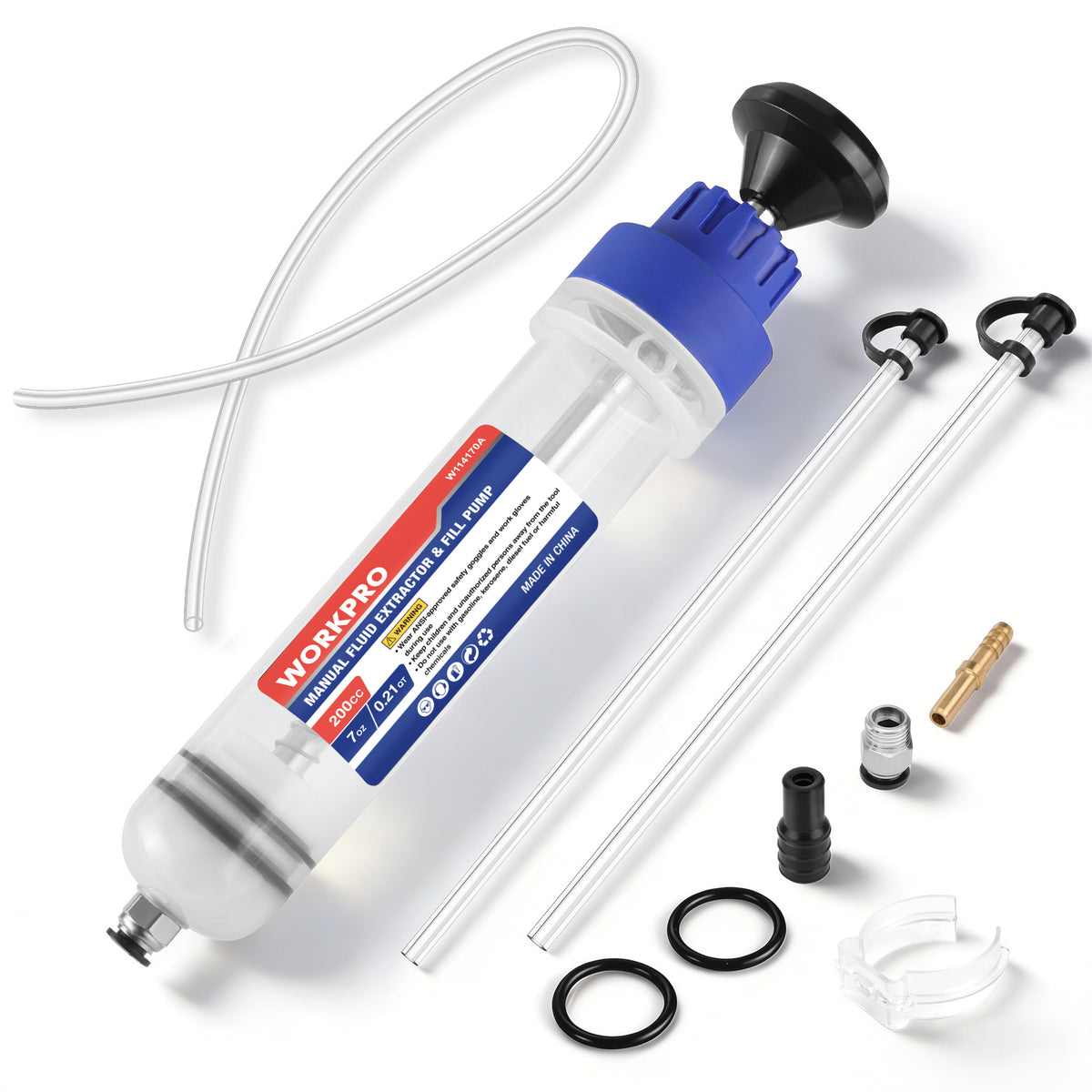 Workpro 200 cc manual fluid extractor in blue and clear plastic with hoses and multiple fittings.