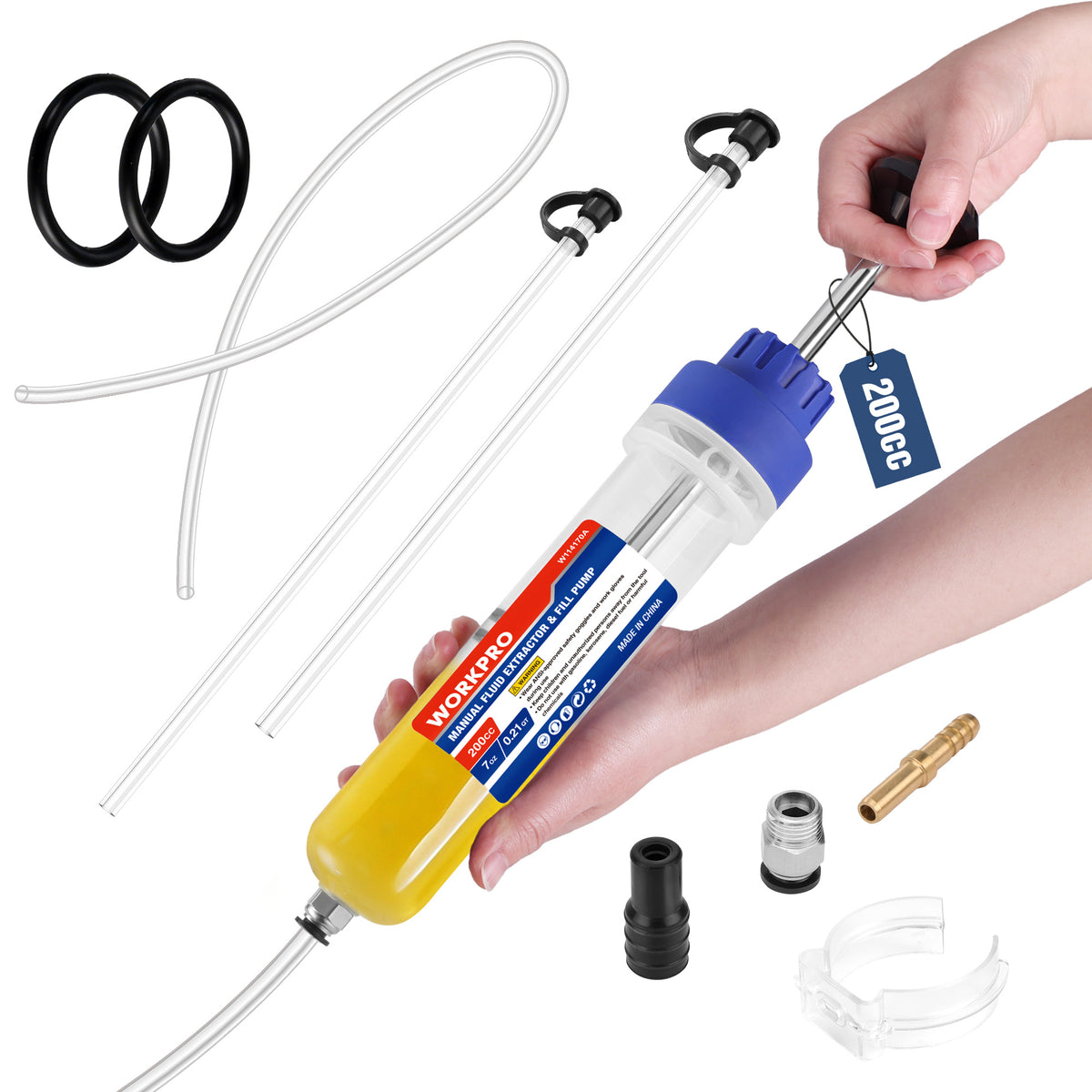Workpro manual fluid extractor in yellow with clear tubing, black seals, brass and threaded fittings