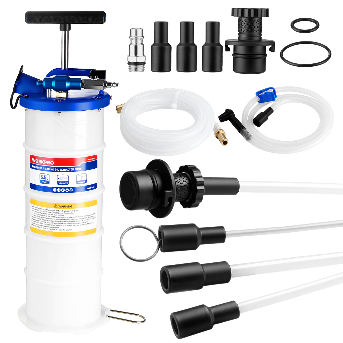 Workpro 6.5 litre pneumatic/manual oil extractor pump in white and blue with brass hose connectors.