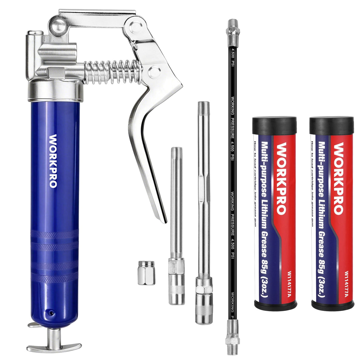 Blue mini pistol-grip grease gun with chrome head and included extension rods