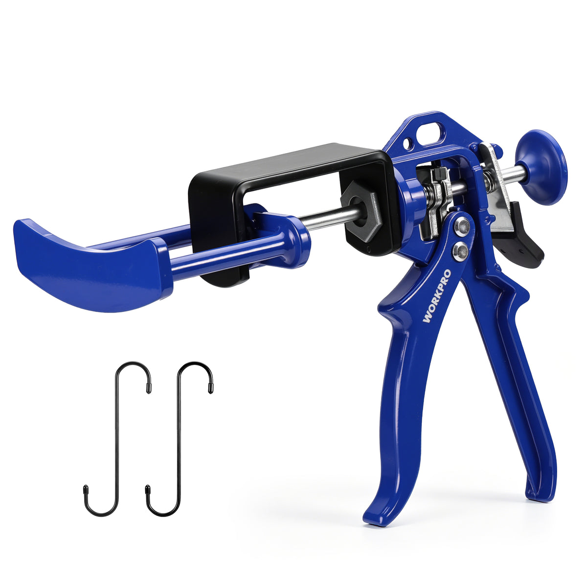 Workpro heavy duty dual piston brake caliper compressor in blue with two included S-hook caliper hangers.