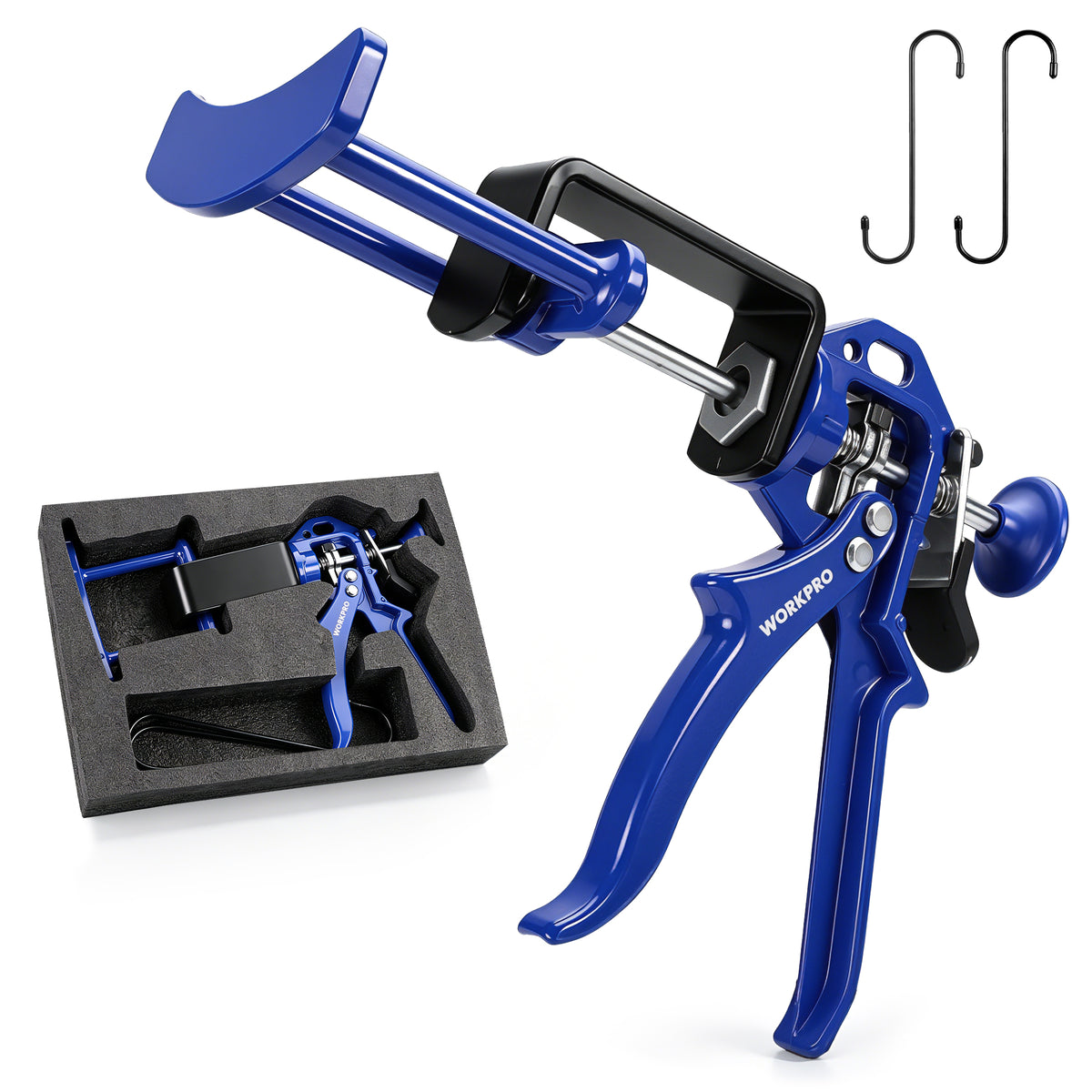 Workpro heavy duty dual piston brake caliper compressor in blue with squeeze handle and two included S-hook hangers.