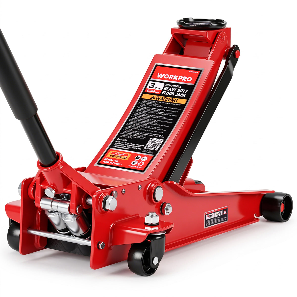 Workpro 3 ton hydraulic trolley floor jack with dual pump in red, featuring welded steel construction for vehicle tire