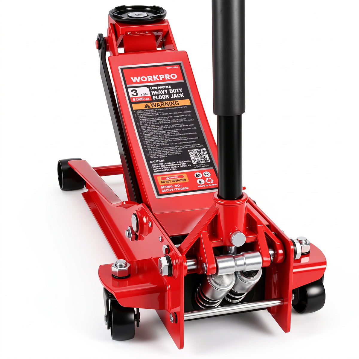 Workpro 3 ton hydraulic trolley floor jack with dual pump in red with welded steel construction for vehicle tire changes.