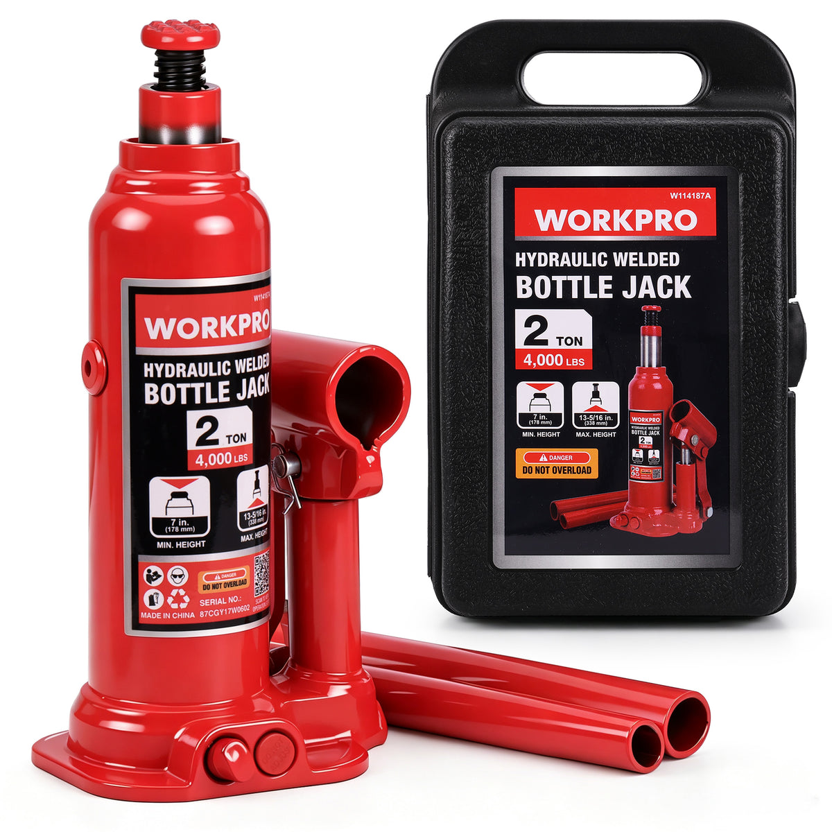 Workpro hydraulic bottle jack in red with welded steel construction and integrated overload safety valve
