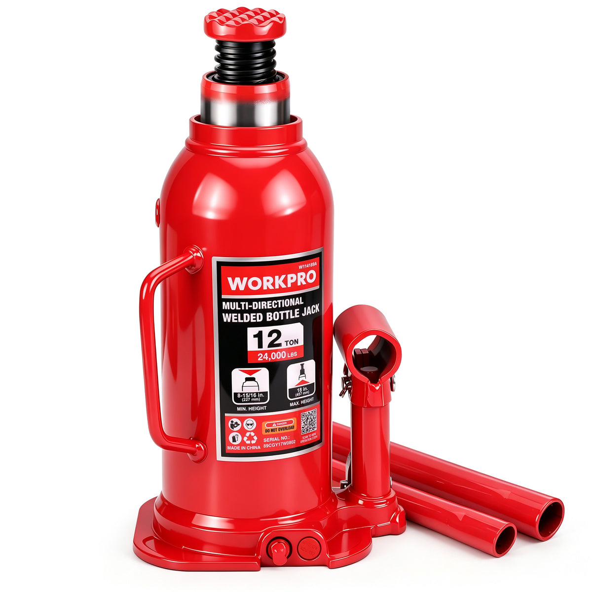 Workpro multi-directional bottle jack in red finish with integrated overload protection valve for lifting trucks and