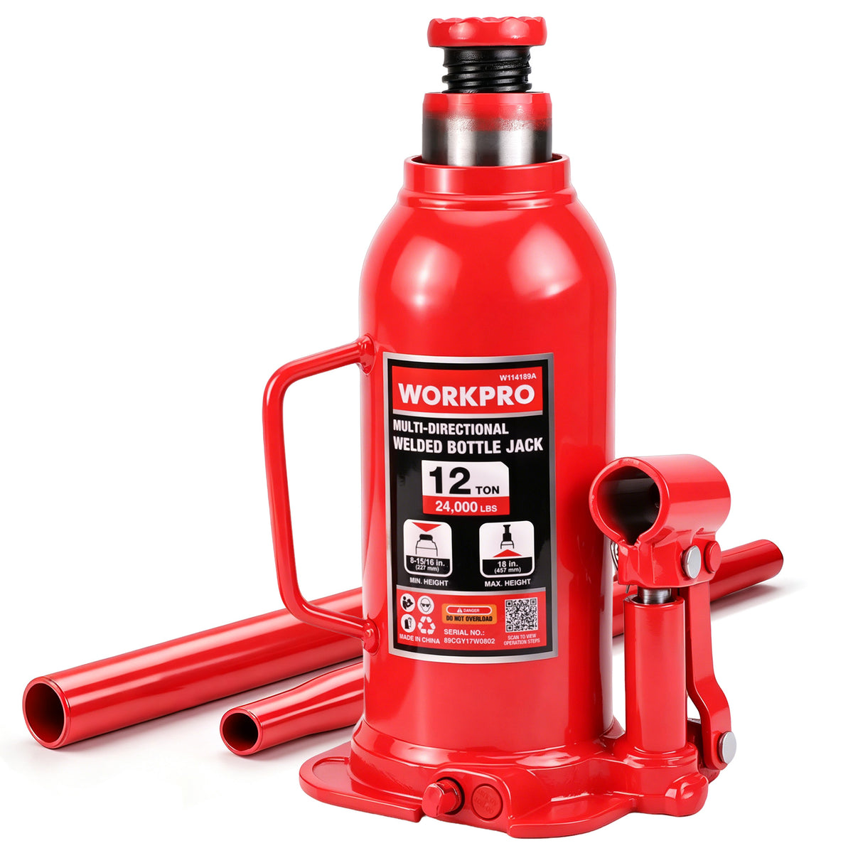 Workpro heavy duty 12 ton multi-directional welded bottle jack in red with integrated overload protection valve