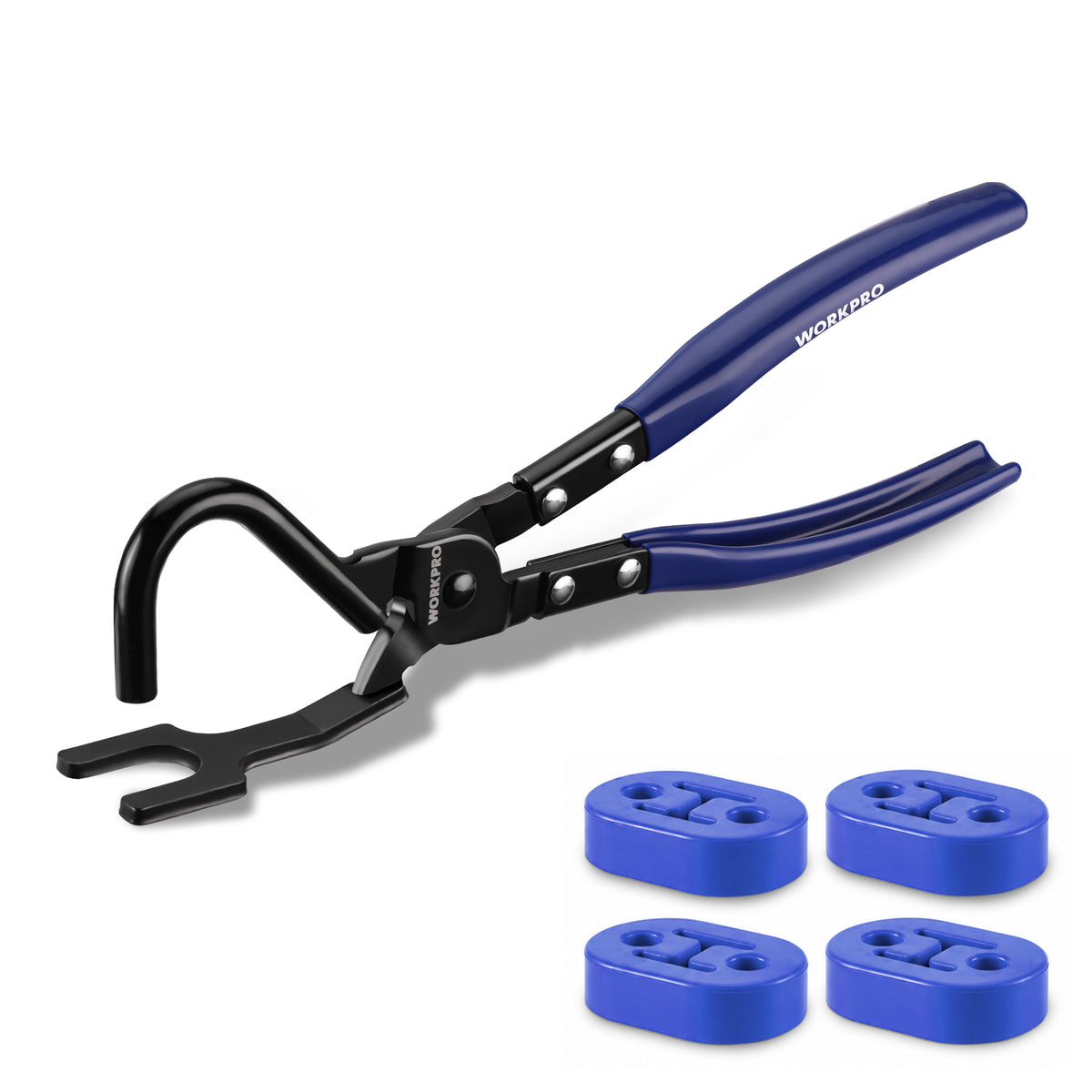 WORKPRO Exhaust Hanger Removal Tool with 4 rubber hangers, blue innovation and secure grip pliers