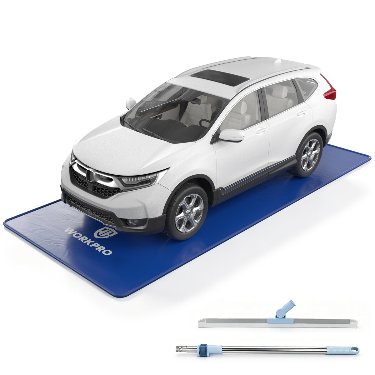 WORKPRO Garage Floor Mat for Under Car, 7.9 ft x 18 ft, Containment Mat | 1-Inch Raised Edge Catches Snow, Ice & Road Salt, 1000D 3-Layer PVC, 7.9 x 18 ft, 18.81 lb, Hook & Loop Tabs, Squeegee