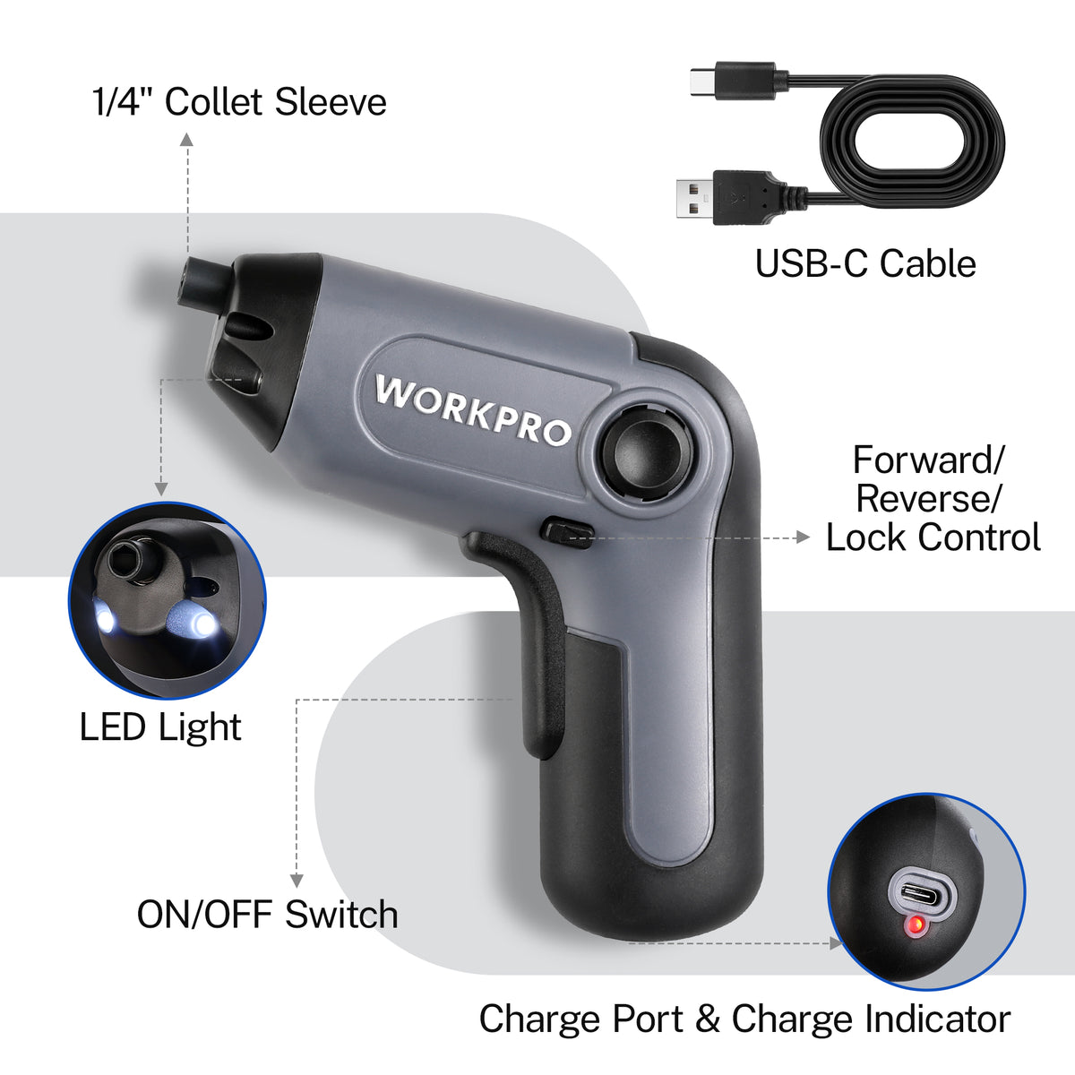 Workpro electric cordless screwdriver with offset driving shaft in gray and black, featuring USB charging and charge