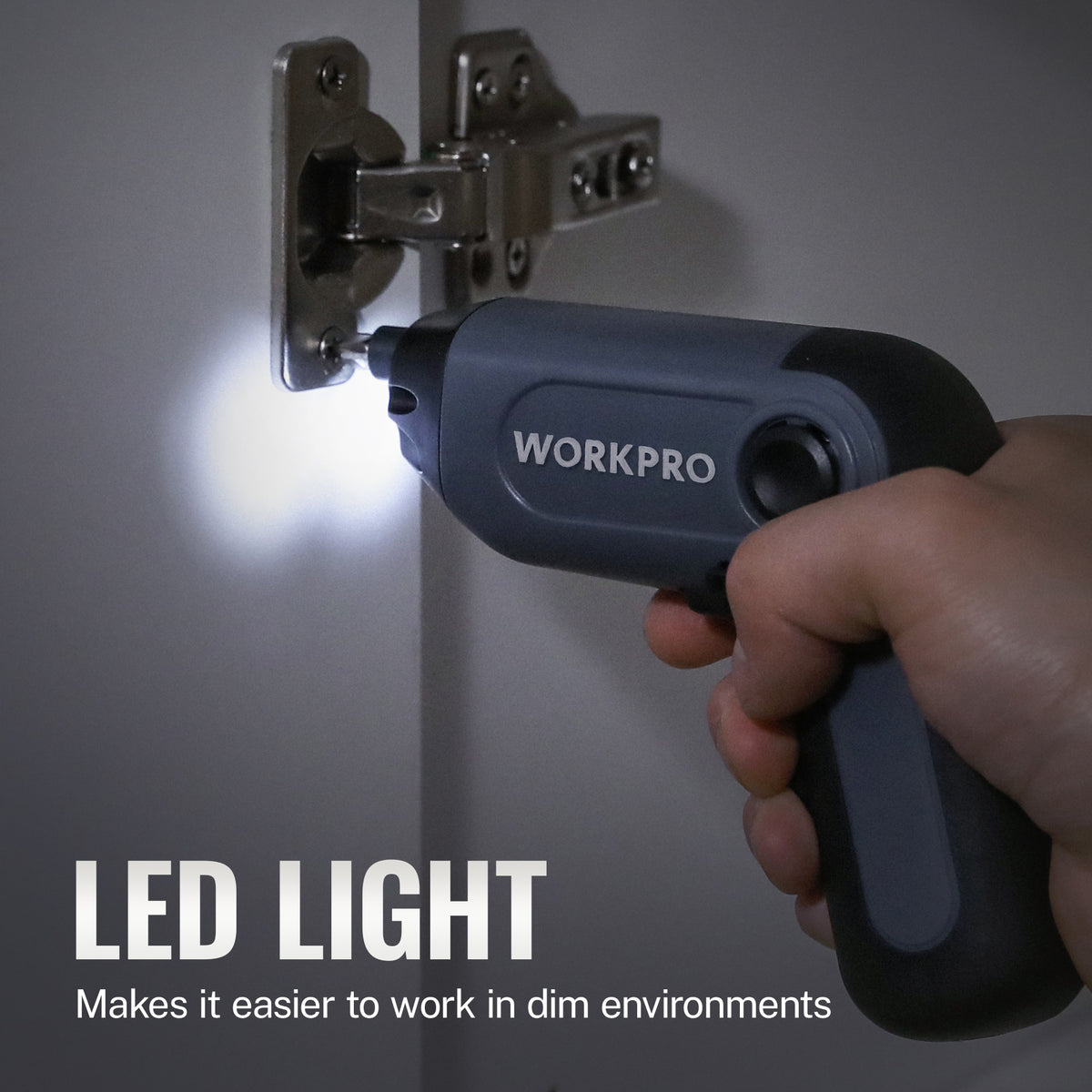 Workpro electric cordless screwdriver with offset driving shaft, dark blue tool for edge and corner fastening work