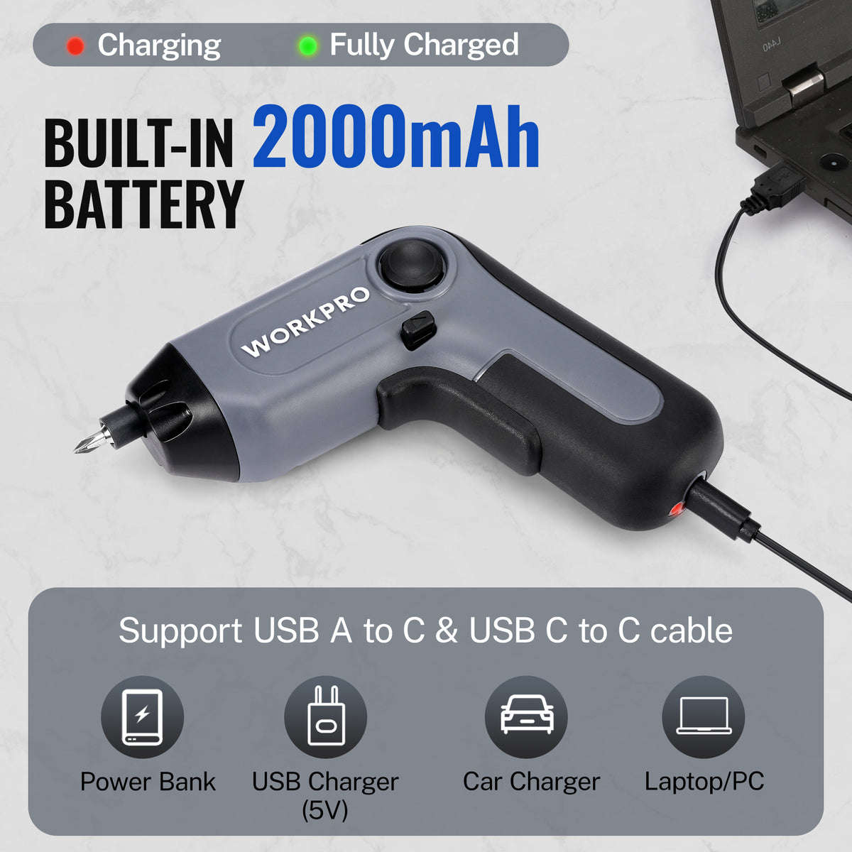Workpro electric cordless screwdriver with offset driving shaft in gray, supporting USB A-to-C and USB C-to-C charging