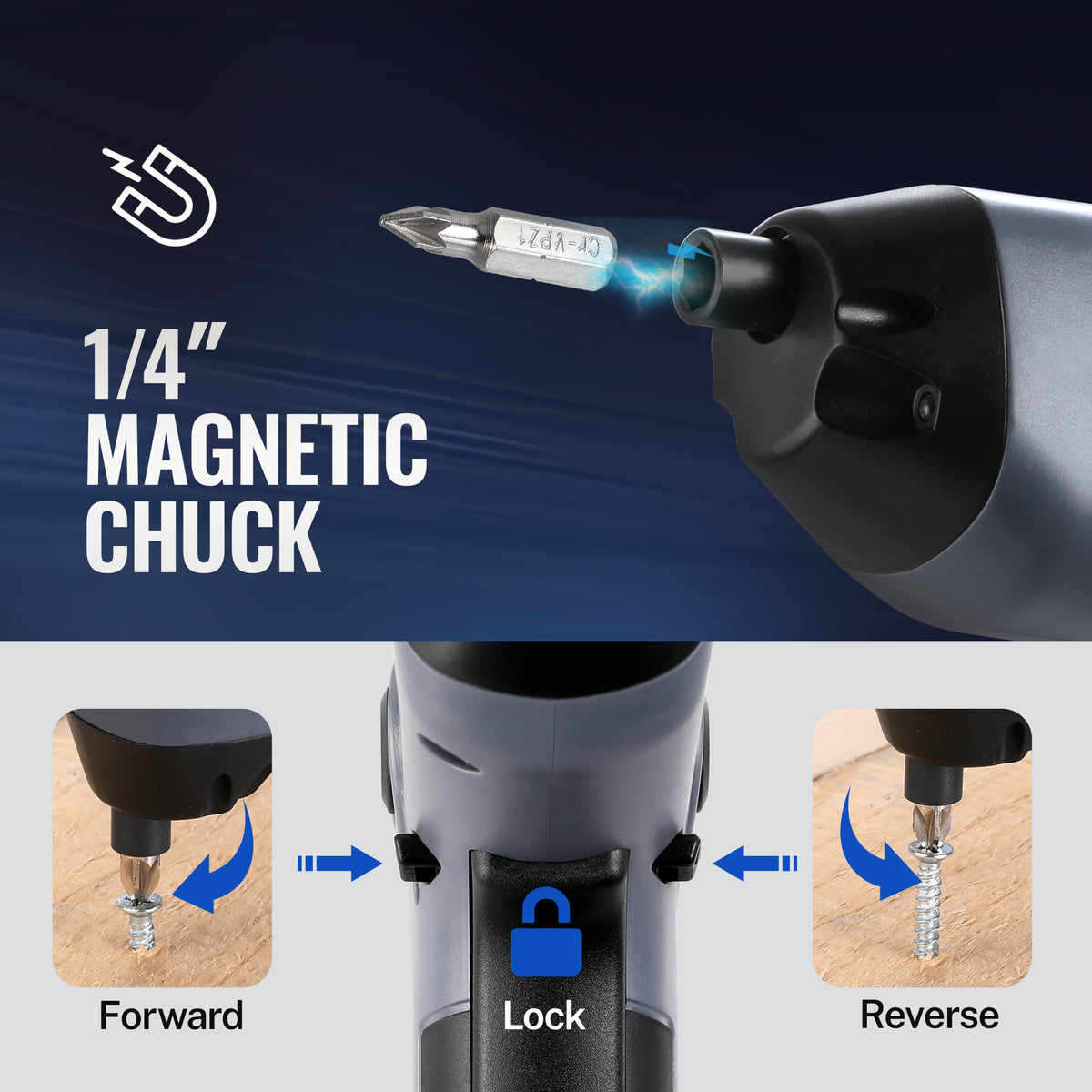 Workpro electric cordless screwdriver with offset driving shaft, magnetic chuck for edge fastening work.
