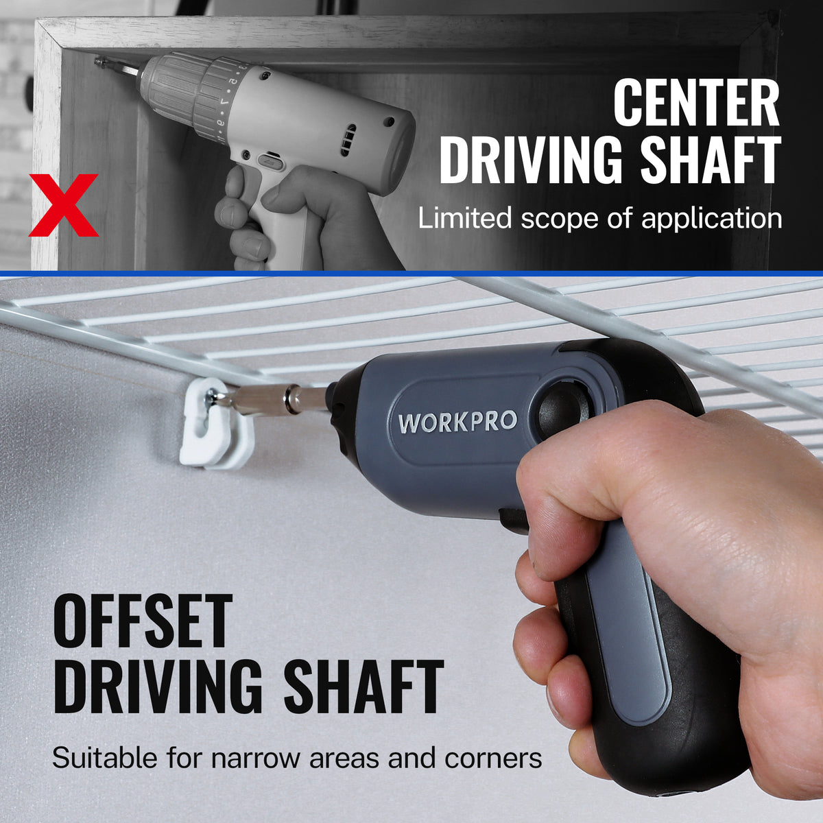 Workpro electric cordless screwdriver with offset driving shaft in dark gray, shown fastening in narrow corners