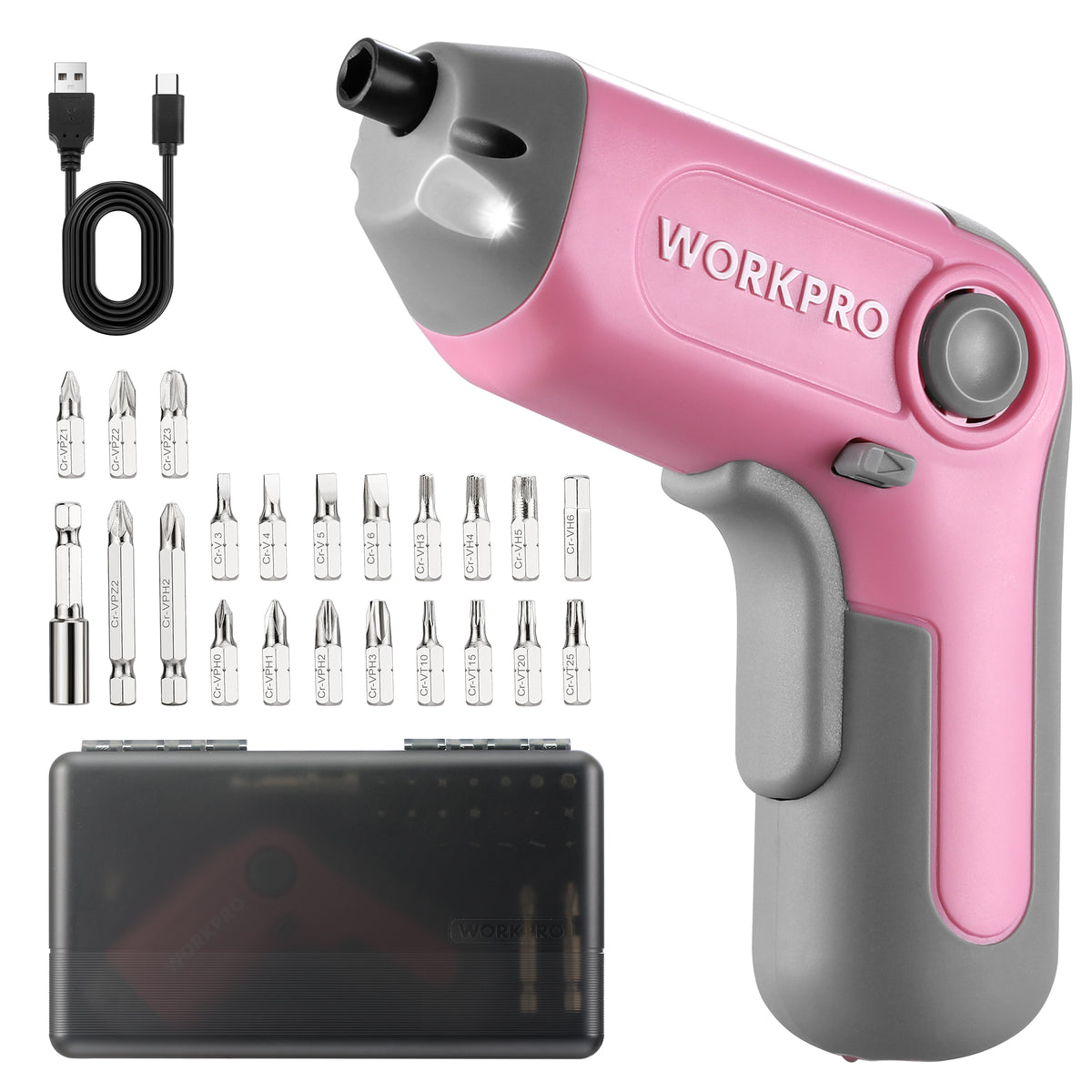Pink and gray cordless electric screwdriver with offset chuck and LED light