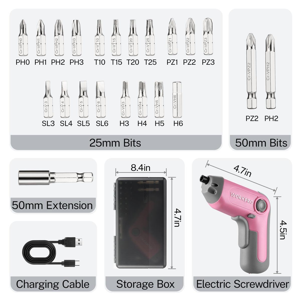 Assorted metal screwdriver bits and extensions with storage box and charger cable