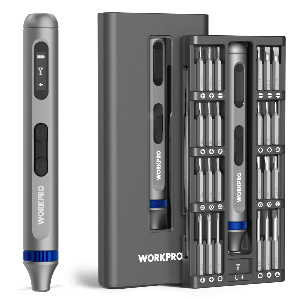 WORKPRO electric precision screwdriver kit in open organizer with multiple metal bits