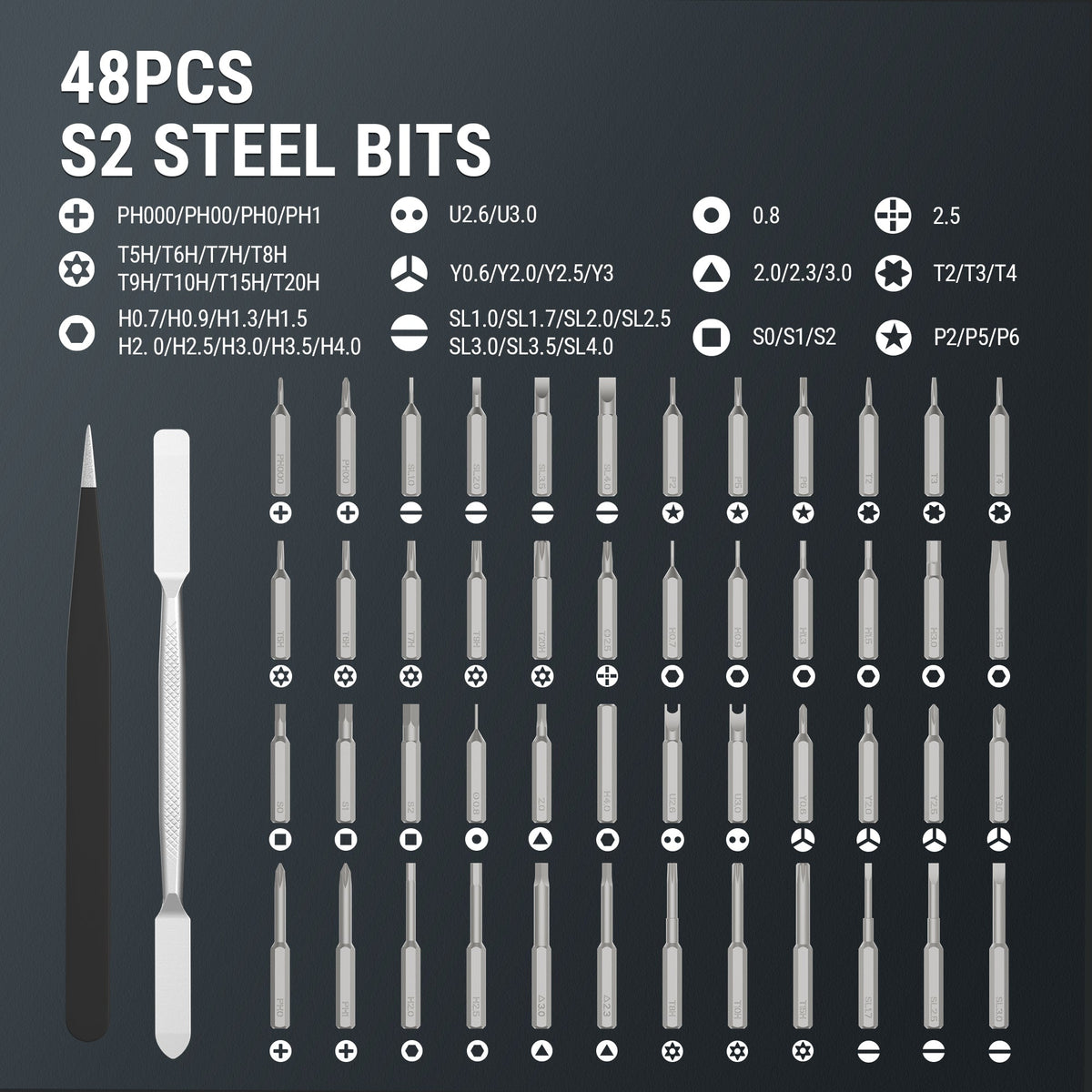 Set of precision screwdriver bits array with S2 steel tips and labeled sizes