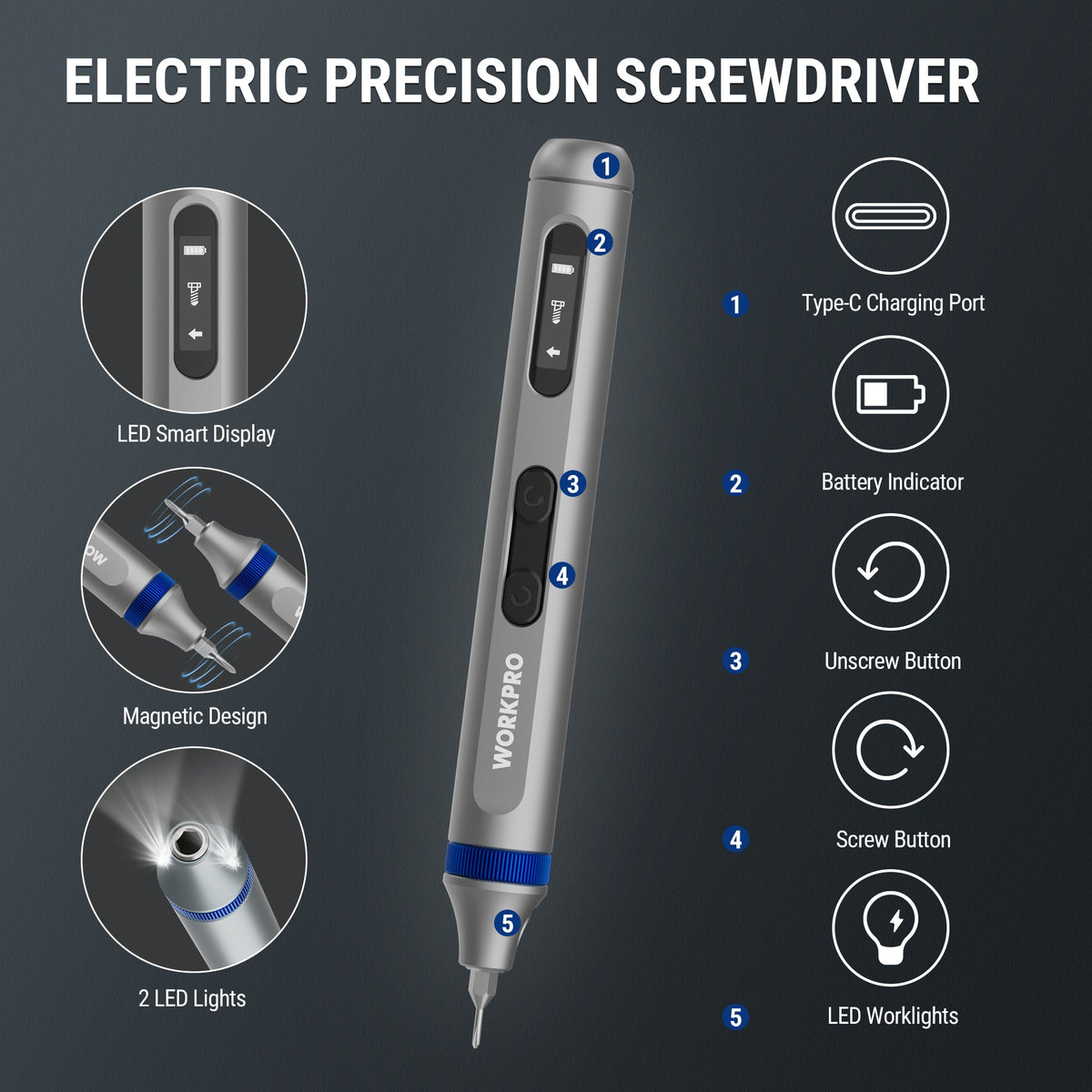 WORKPRO electric precision screwdriver with LED display, buttons, and charging port