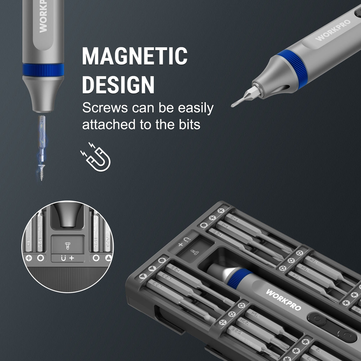 WORKPRO electric precision screwdriver with bit case, showing magnetic tip attachment