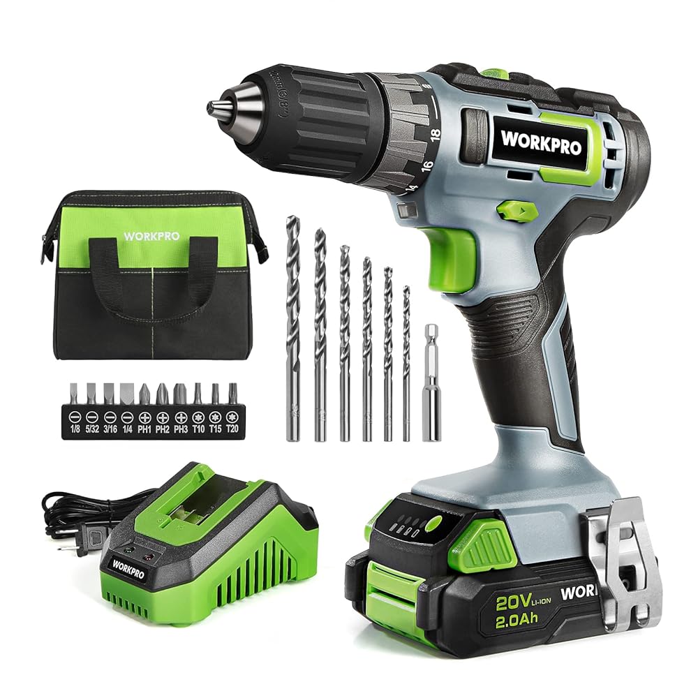 Green and black cordless drill driver kit with bits, battery, charger, and storage bag