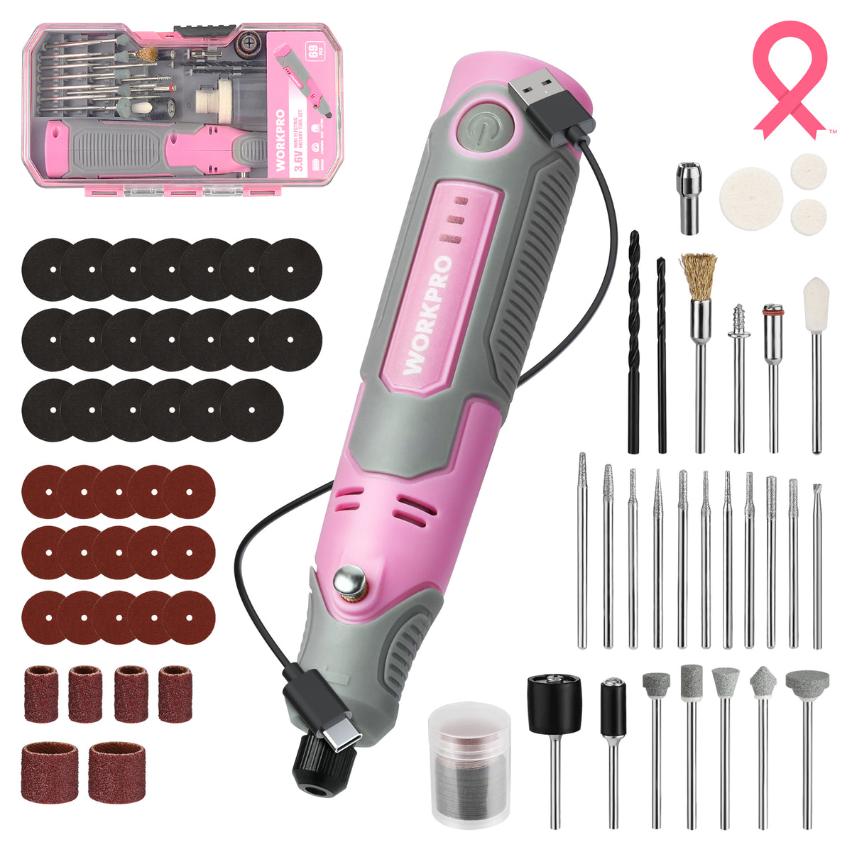 WORKPRO 3.6V Pink Electric Cordless Rotary Tool Set - Pink Ribbon