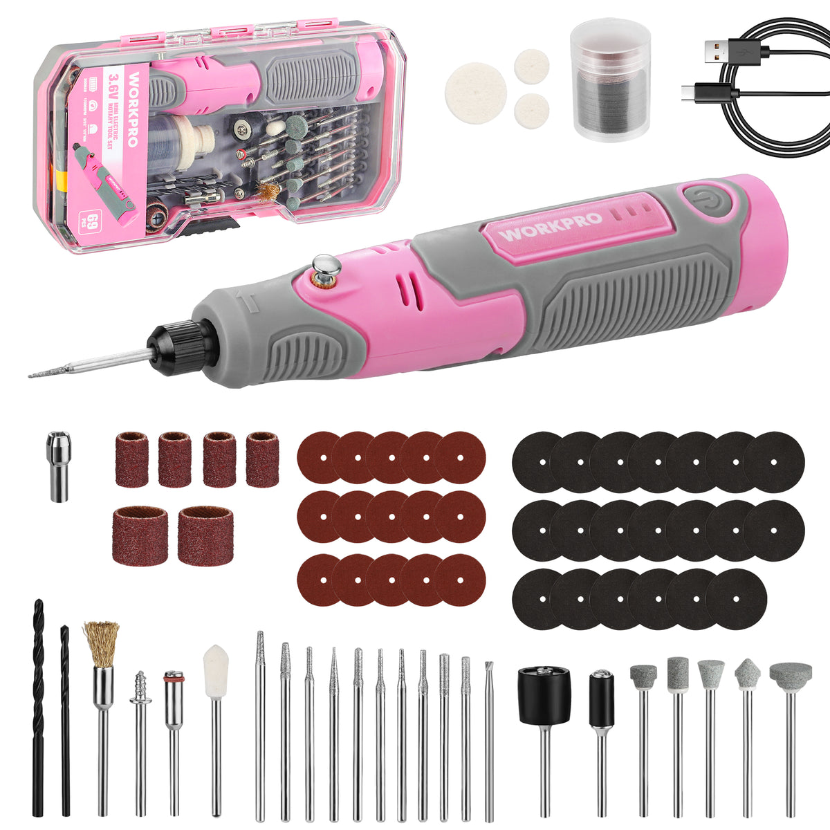 WORKPRO 3.6V Pink Electric Cordless Rotary Tool Set - Pink Ribbon