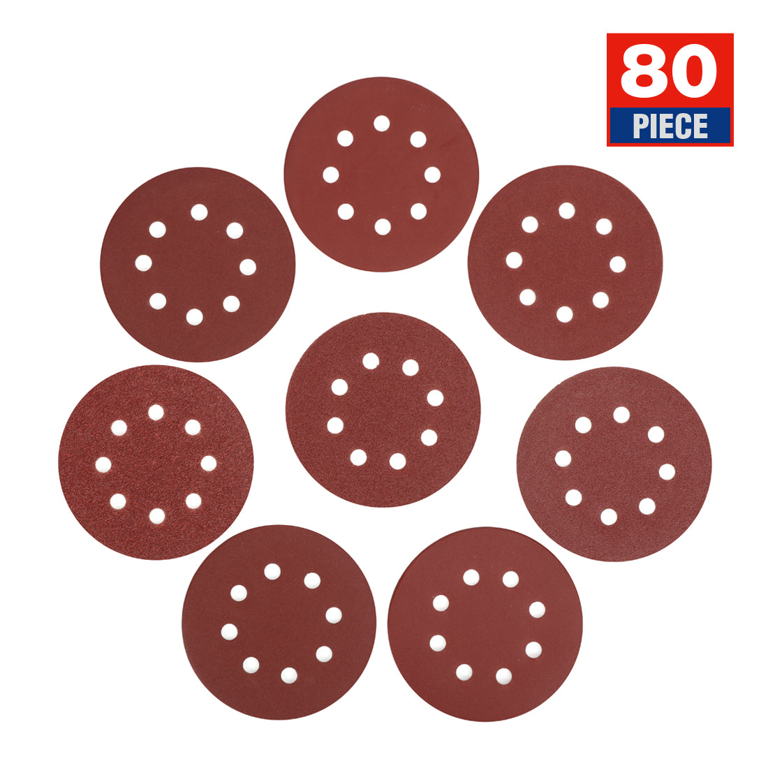 Workpro 80-piece sanding disc set in reddish-brown aluminum oxide abrasive for wood, metal, plastic, stone, and glass