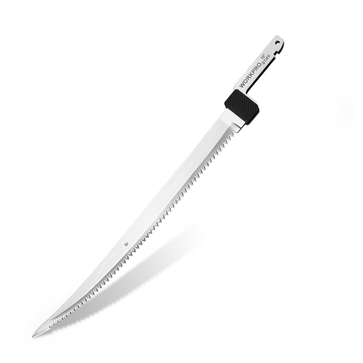 A long, narrow serrated knife with a silver blade, black handle, and white brand text reading 'MONTBLANC' on a clean white background.