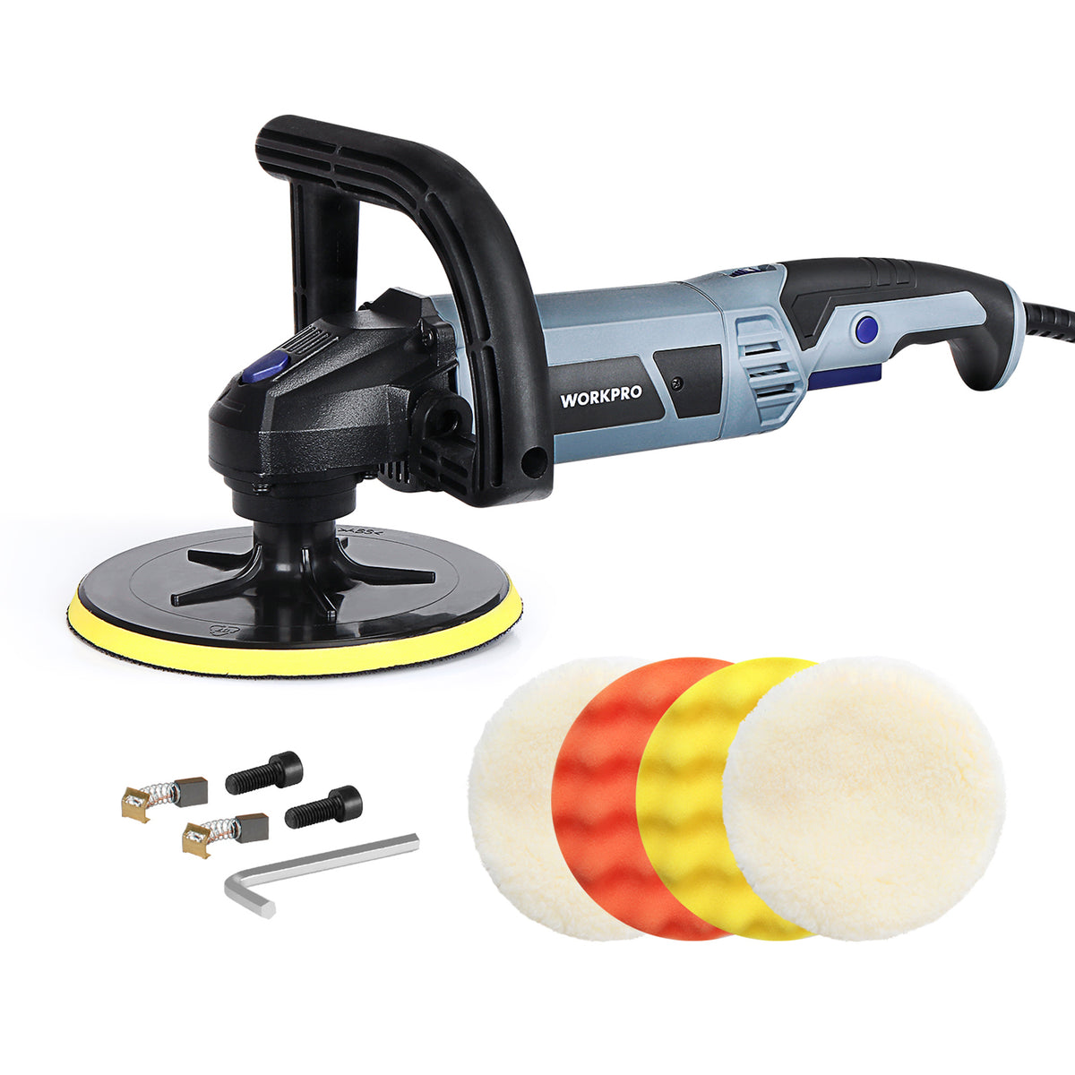 Workpro detachable handle buffer polisher with accessories in black and blue with six variable speeds from 1000 to 3800 RPM