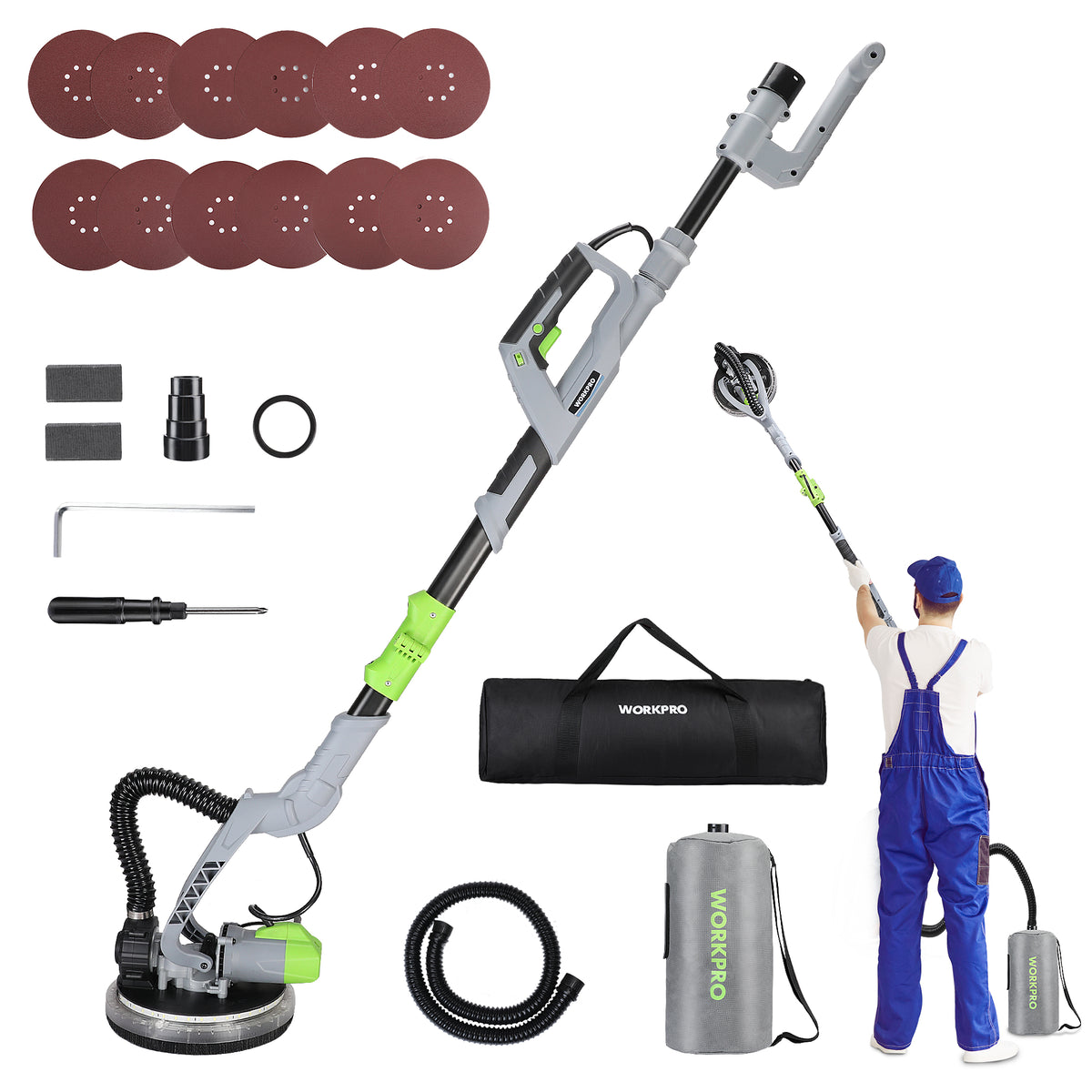Workpro 720 watt electric drywall sander with vacuum in gray and green, featuring variable speed control with 7 settings