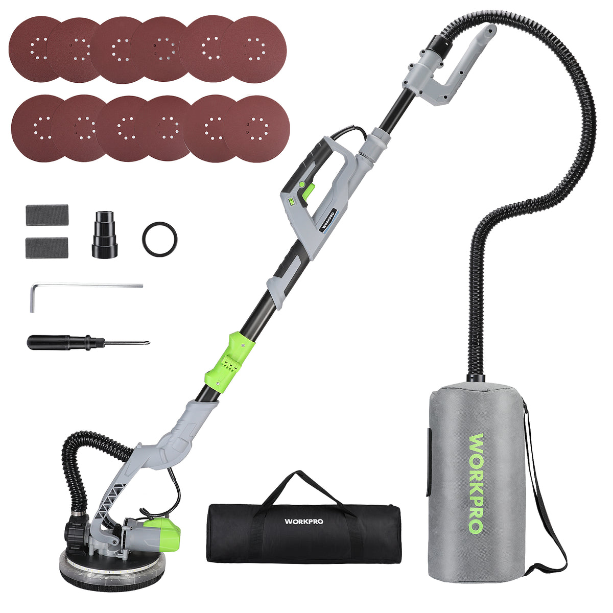 Workpro electric drywall sander with vacuum in gray, featuring variable speed control with seven settings.
