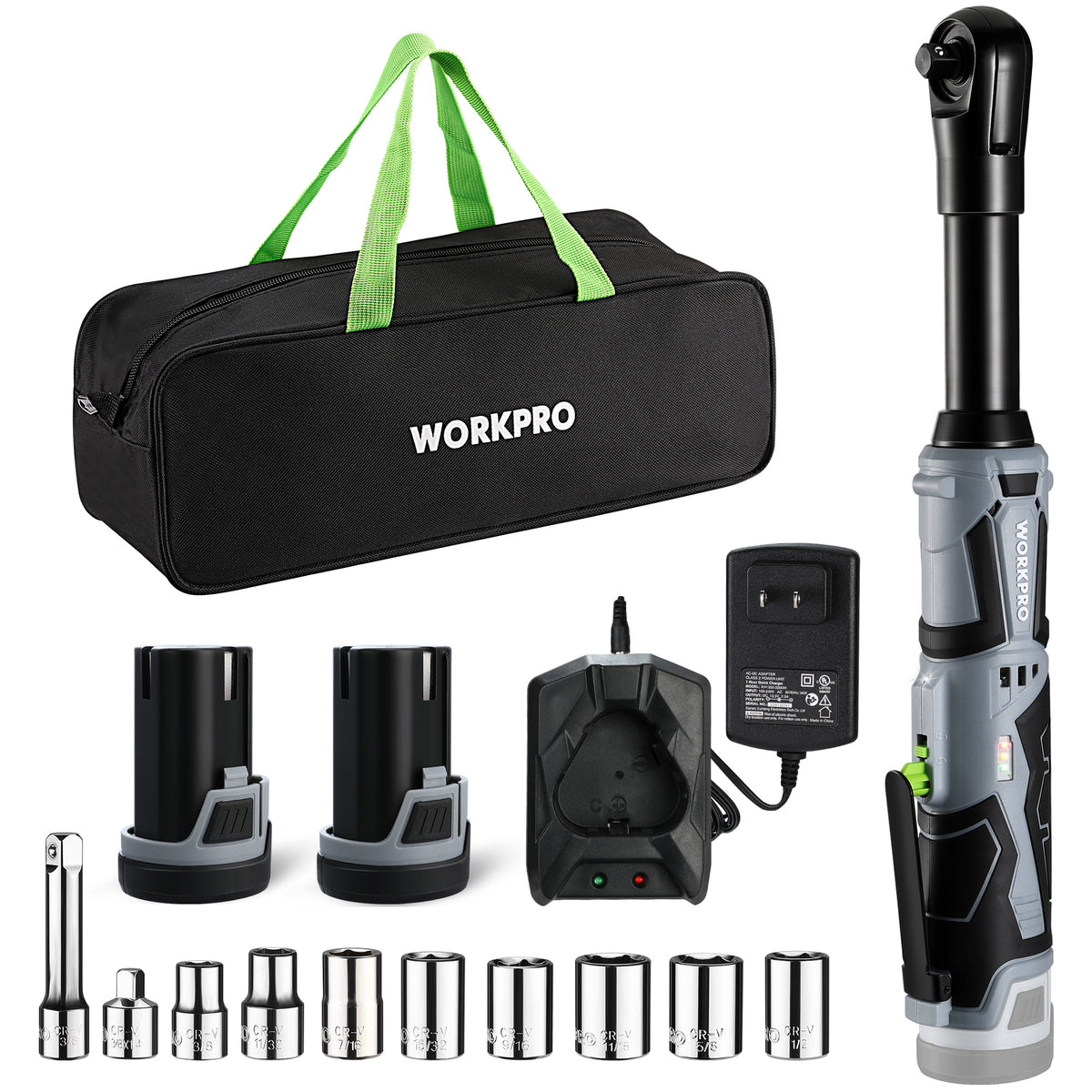 Workpro 12V power ratchet wrench kit in black and gray with variable-speed trigger and forward/reverse switch