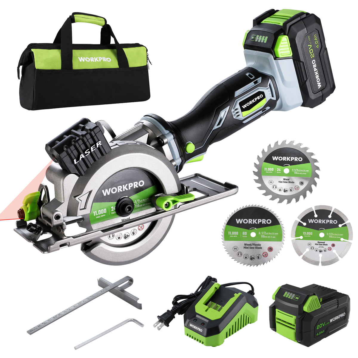 Workpro 20V 4-1/2 inch cordless mini circular saw with 4.0Ah battery in green and black, adjustable 0° to 45°