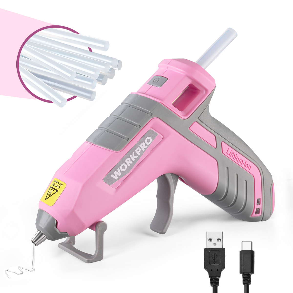 WORKPRO 3.6V cordless hot glue gun in pink and gray with innovation, quality, and secure USB-C charging