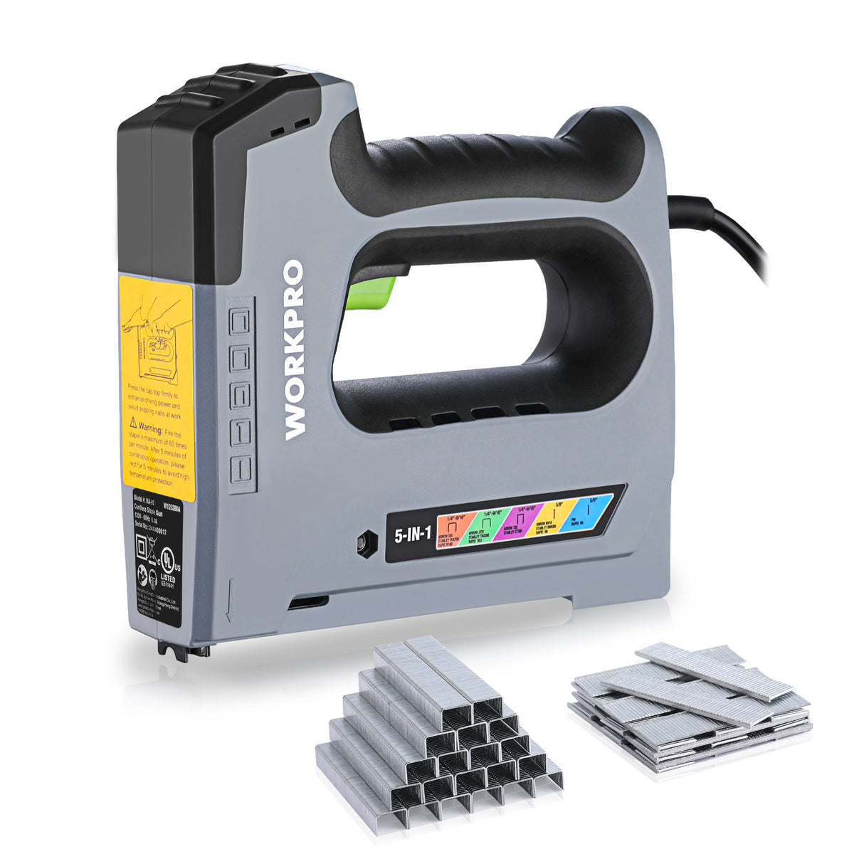 WORKPRO 5-in-1 corded staple gun with 2000 staples and nails