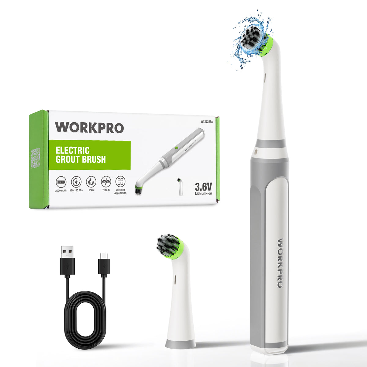 WORKPRO 5500RPM cordless IPX6 waterproof electric scrubber in white with green bristles for grout cleaning innovation