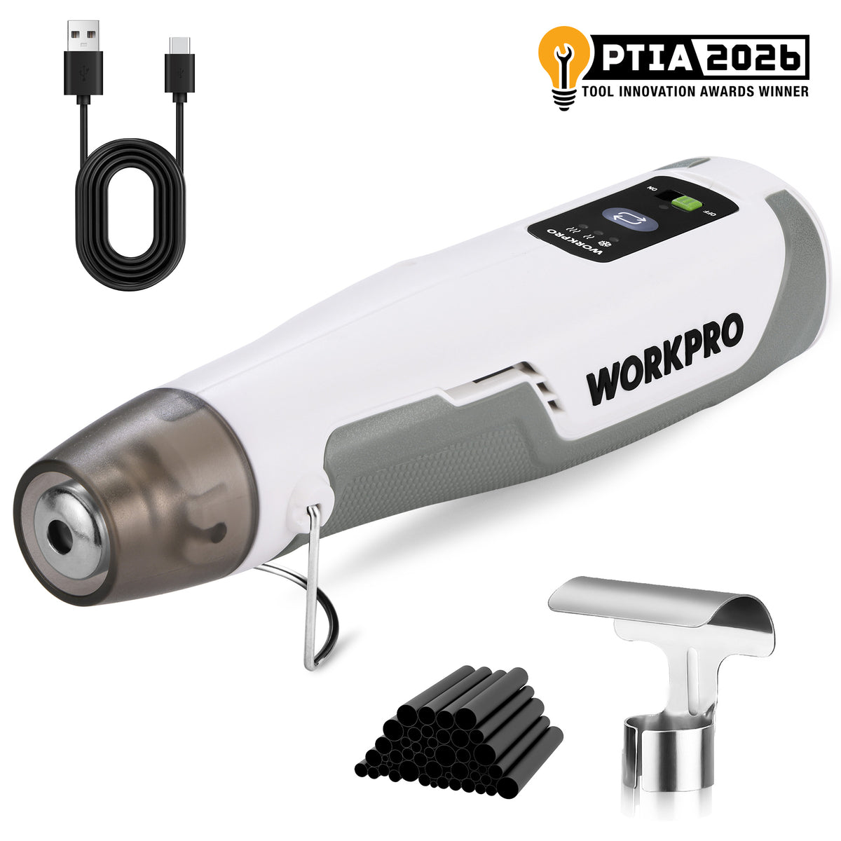 Workpro 7.2V cordless mini heat gun in white and gray with a smooth metal nozzle, attached cable and innovation award.