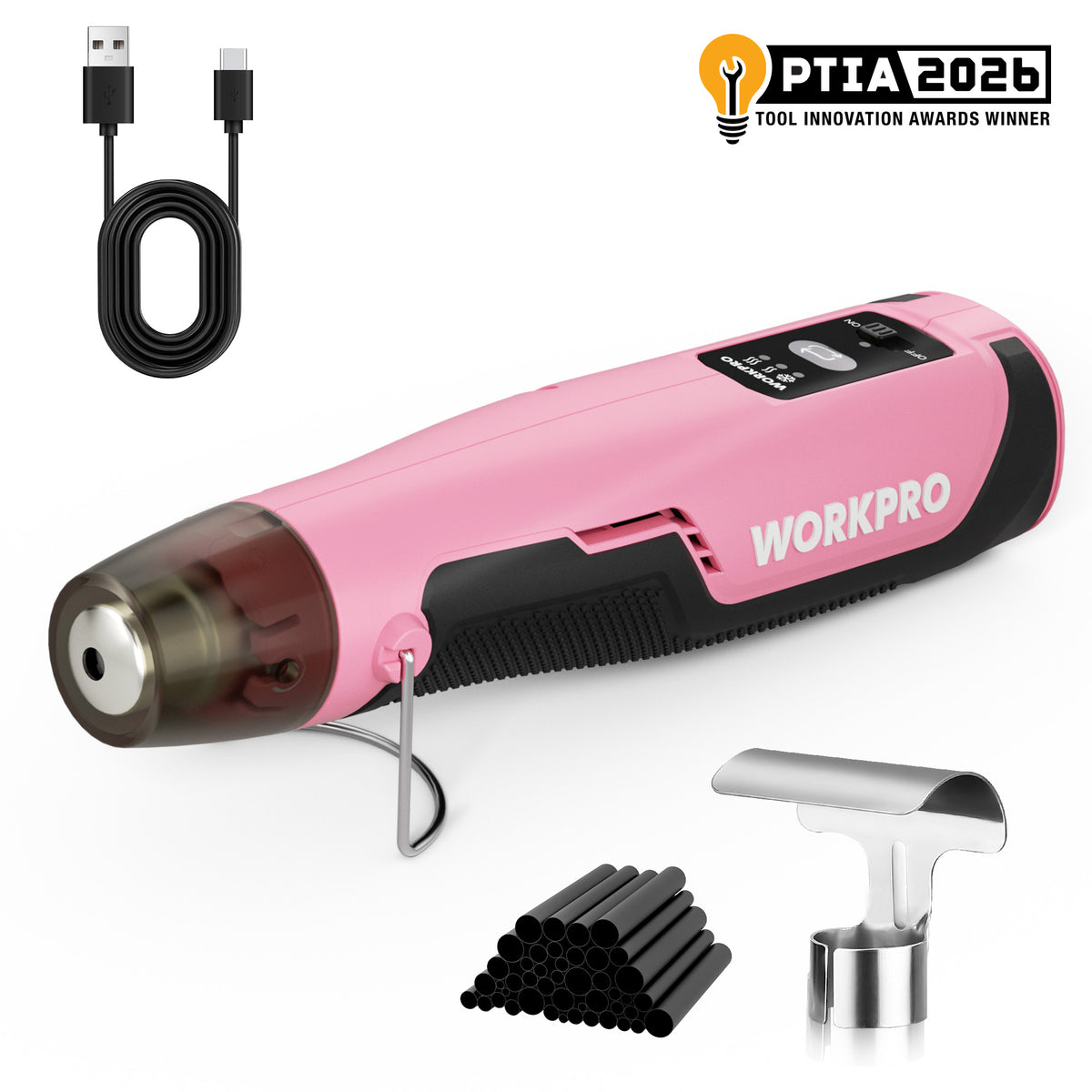 Workpro 7.2V cordless mini heat gun in pink with visible innovation award badge and crafting accessories.