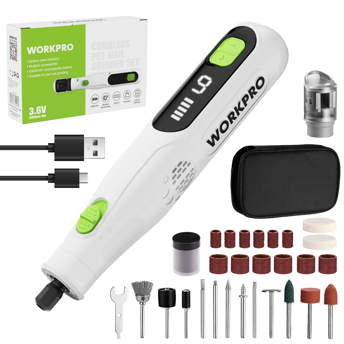 WORKPRO 3.6V Cordless Rotary Tool Kit in white with green accents, innovation and secure spindle safety lock