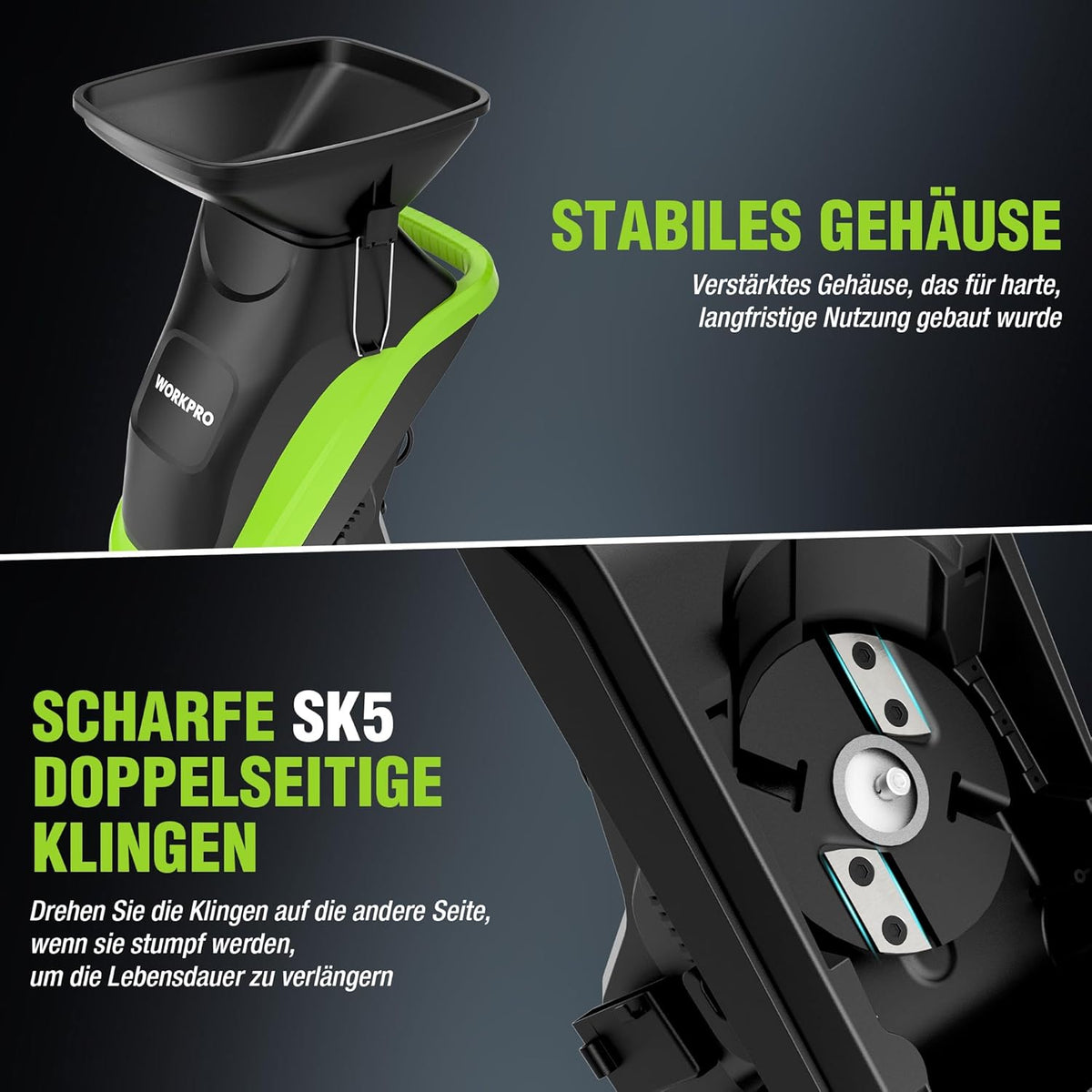 Electric garden shredder with black hopper and lime-green side panels