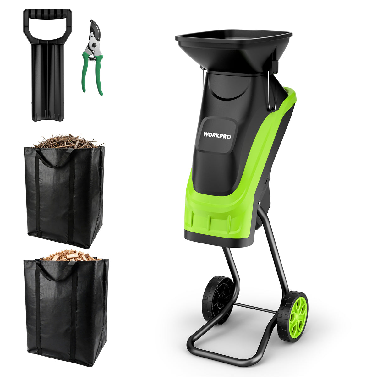 Workpro electric wood chipper in green and black, shown with pruning shears and two garden waste containers