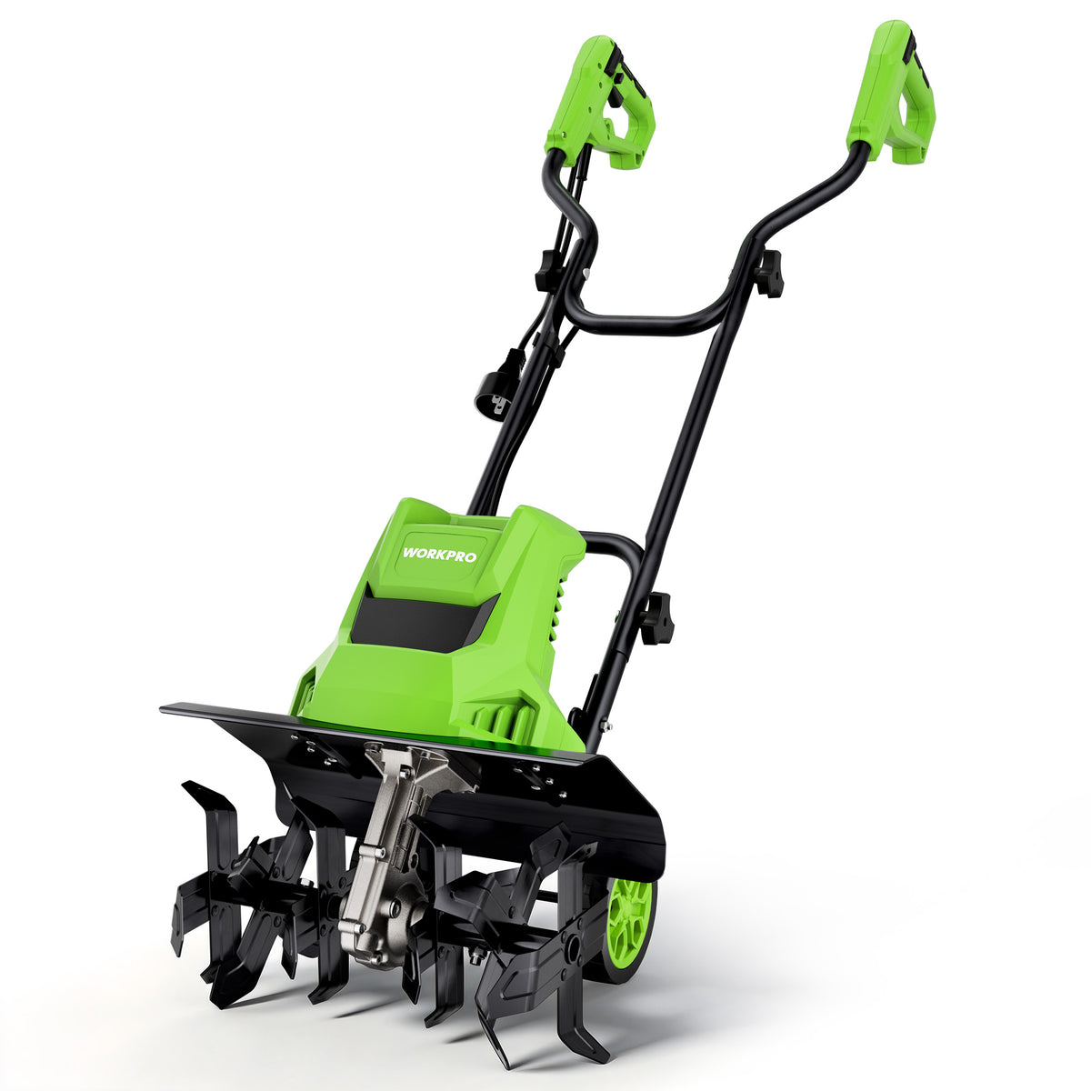 Workpro corded electric garden tiller and cultivator in green and black with heat-treated steel tines