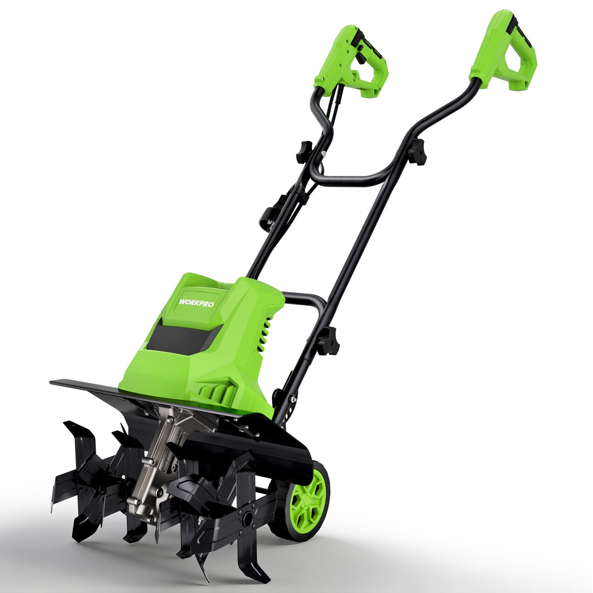 Workpro corded electric garden tiller and cultivator in green with heat treated steel tines for garden soil cultivation.
